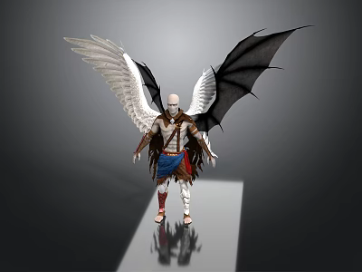 Winged Bald Character With White Black Wings In Brown Blue Outfit On Platform With Reflection 3d model