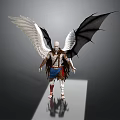 Winged Bald Character With White Black Wings In Brown Blue Outfit On Platform With Reflection