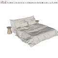 Double Bed With Gray Linen Bedding Soft Pillows And Wooden Stool Side 3d model