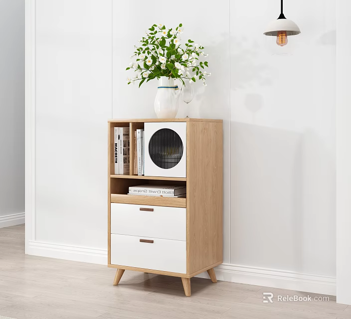 Modern Minimalist Wooden Entryway Console Cabinet With White Drawers Green Plant And Books 3d model 