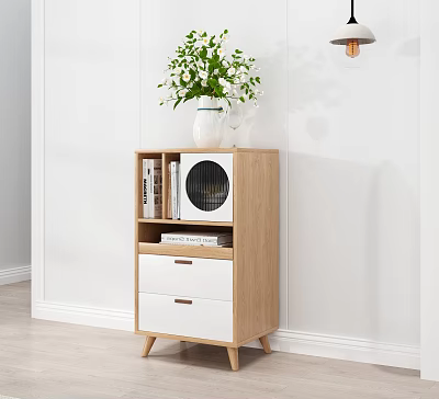 Modern Minimalist Wooden Entryway Console Cabinet With White Drawers Green Plant And Books 3d model