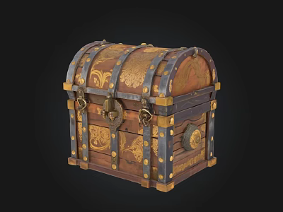 Ornate Vintage Treasure Chest With Golden Patterns And Metal Fittings 3d model