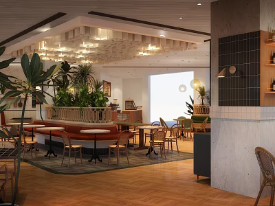Modern Restaurant Interior With Green Plants Wooden Tables And Warm Lighting 3d model