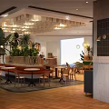 Modern Restaurant Interior With Green Plants Wooden Tables And Warm Lighting