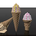 Different Sizes Ice Cream Cones With Pink Yellow White Swirls And One Fallen Melting Cream