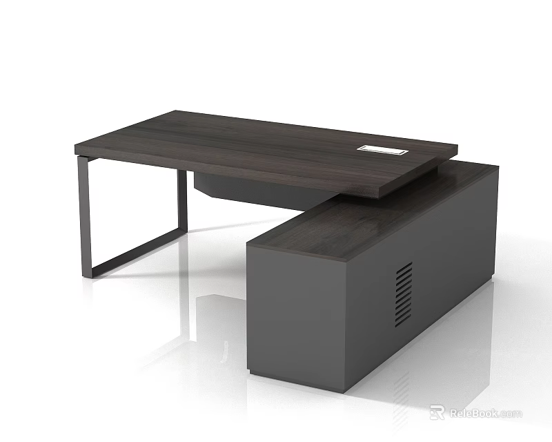 Modern Office Desk With Dark Wood Top Metal Frame And Matching Cabinet 3d model 
