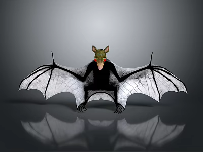 Character In Black Clothing And Bat Creature With White Wings Black Patterns Red Eyes Reflection 3d model