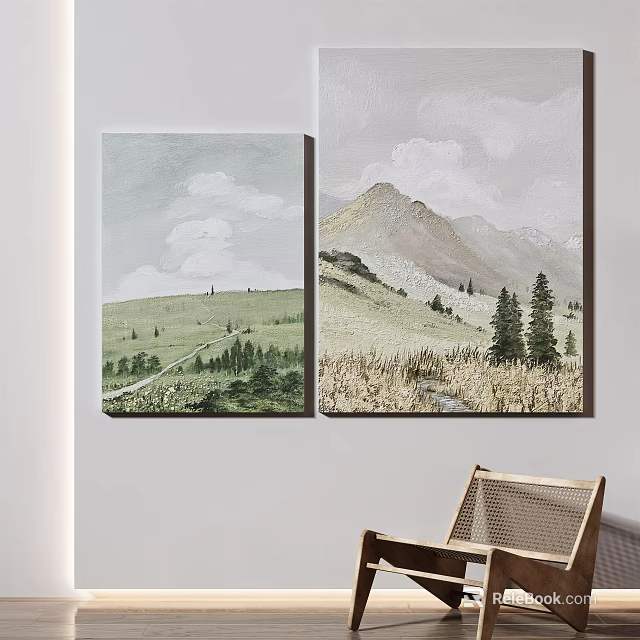 Tranquil Landscape Paintings With Green Fields Mountains And Pine Trees Under Cloudy Sky 3d model