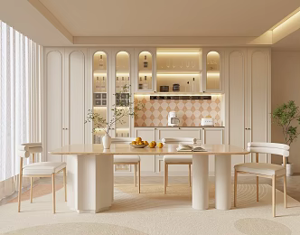 French Cream Style Home Restaurant Solid Wood Dining Table and Chair Combination Fabric Backrest Dining Chair Kitchen Glass Cabinet Wine Cabinet 3d model