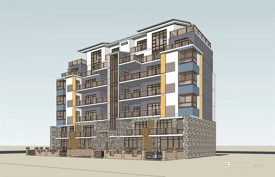 Modern Multistory Apartment Building With Balconies Large Glass Windows Stone Base And Layered Design 3d model 