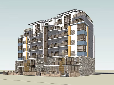 Modern Multistory Apartment Building With Balconies Large Glass Windows Stone Base And Layered Design 3d model