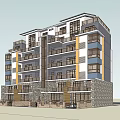 Modern Multistory Apartment Building With Balconies Large Glass Windows Stone Base And Layered Design