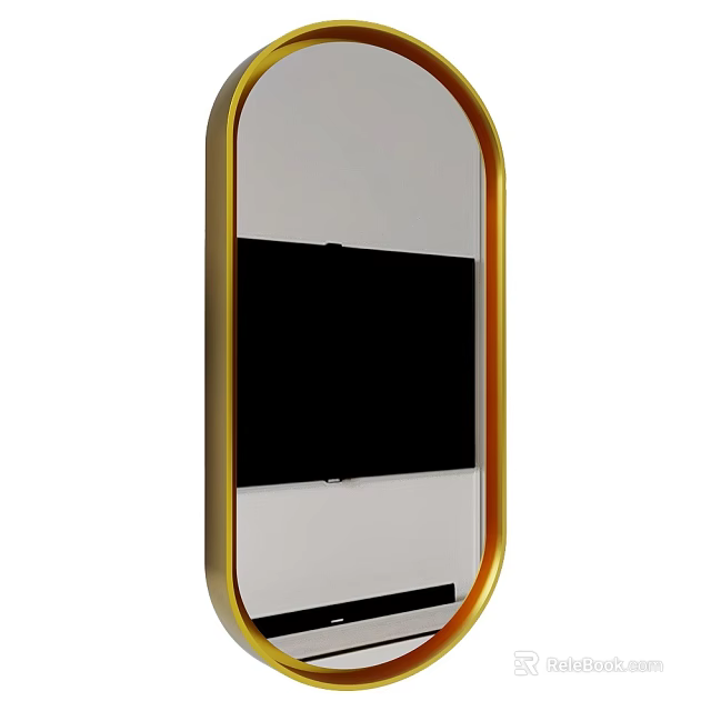 Modern Oval Mirror With Gold Frame And Black Decorative Shelf Design 3d model 