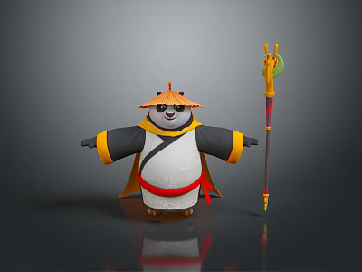 Panda Adventurer Character Wearing Traditional Robe With Bamboo Hat And Staff 3d model