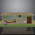 Outdoor Wooden Pergola With Striped Roof Green Vines Hammock Chair And Lawn