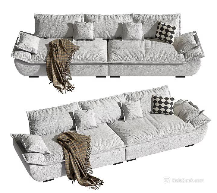 Light Gray Linen Sectional Sofa With Soft Cushions And Plaid Blanket 3d model 
