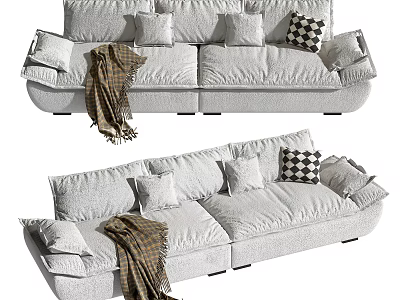Light Gray Linen Sectional Sofa With Soft Cushions And Plaid Blanket 3d model