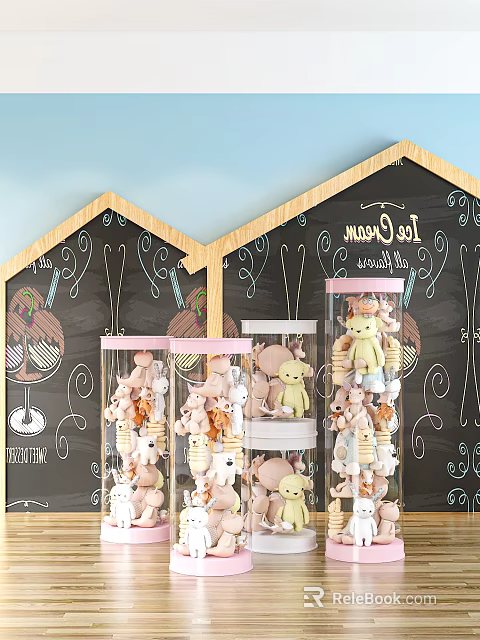 Cute Plush Toys in Transparent Cylinder Containers on House Shaped Display with Chalkboard Ice Cream Background 3d model 