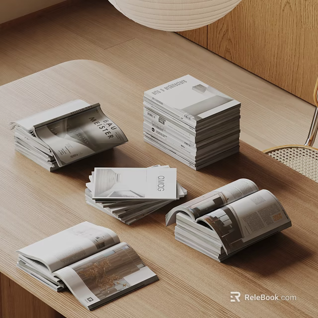 Modern Magazines And Books Stacked On Wooden Table With Open Pages And Simple Design 3d model 