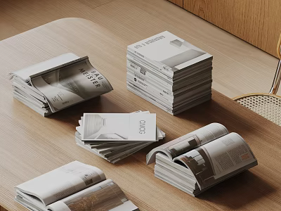 Modern Magazines And Books Stacked On Wooden Table With Open Pages And Simple Design 3d model