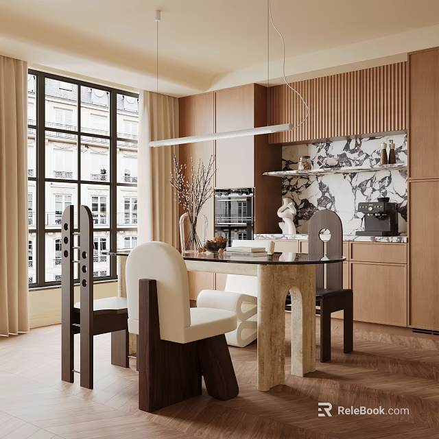 Modern Restaurant Interior With Open Design Dining Table Chairs And Large Windows 3d model