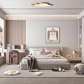Kids Bedroom Interior With Soft Bed Stuffed Toys Desk Bookshelf And Decorative Painting