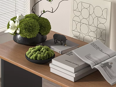Black Vase With White Flowers And Green Spherical Plants On Wooden Table With Geometric Painting 3d model