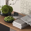Black Vase With White Flowers And Green Spherical Plants On Wooden Table With Geometric Painting