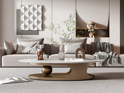 Modern Luxury Living Room Coffee Table With Round White Tabletop Gold Support And Decorative Plants 3d model