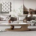 Modern Luxury Living Room Coffee Table With Round White Tabletop Gold Support And Decorative Plants