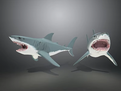 Aquatic Animals Sharks With Open Mouths In 3D Rendered Swimming Pose 3d model