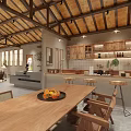 Open Interior Space With Wooden Ceiling Dining Table Fruit Bowl Kitchen Cabinets And Bar Stools 3d model