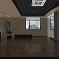 Modern Lobby Interior With Wooden Flooring Walls Circular Decor Green Plant And Bench