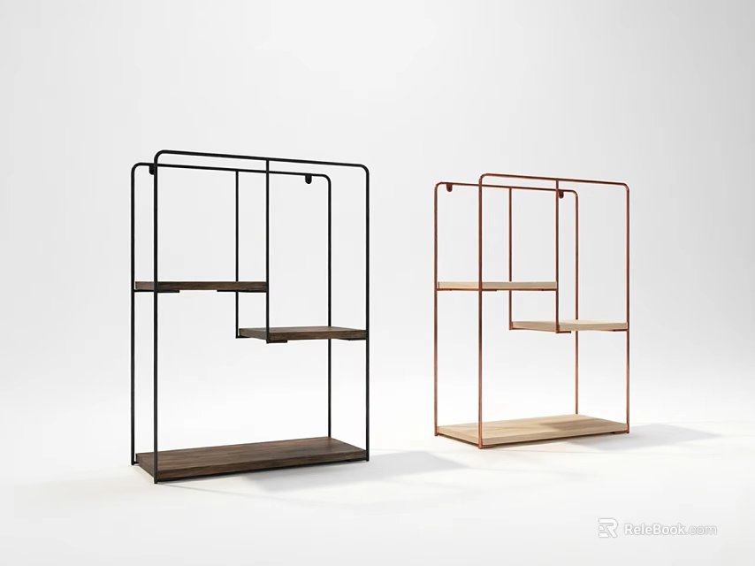 Modern Minimalist Decorative Cabinets With Black And Copper Metal Frame And Wooden Shelves 3d model 
