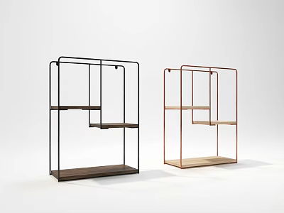 Modern Minimalist Decorative Cabinets With Black And Copper Metal Frame And Wooden Shelves 3d model