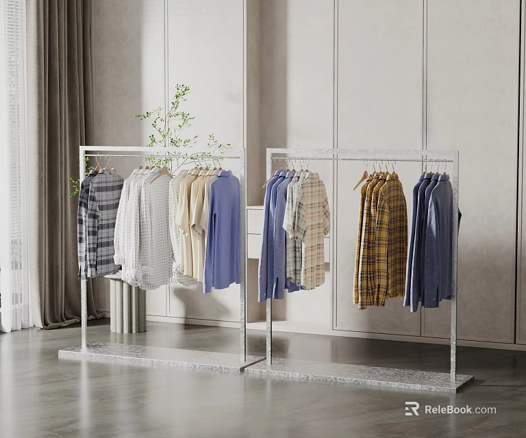 Two Modern Metal Clothes Racks Displaying Various Shirts In Minimalist Room 3d model 