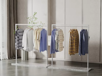 Two Modern Metal Clothes Racks Displaying Various Shirts In Minimalist Room 3d model