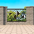 Building Exterior Wall Featuring Iron Gate Stone Pillars Green Trees And Blue Sky