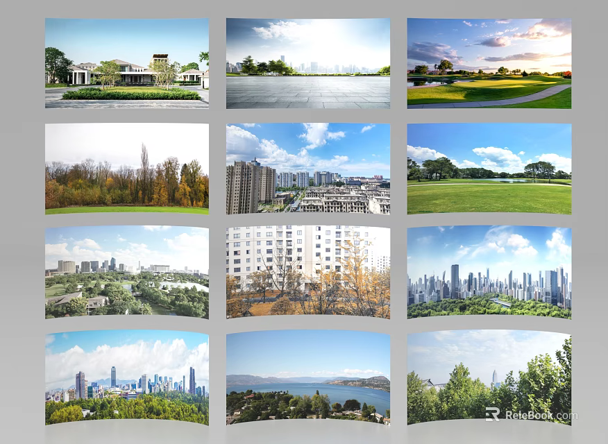 Park Landscape With Lush Green Spaces Tall Trees Urban Skyline And Calm Water Views 3d model 