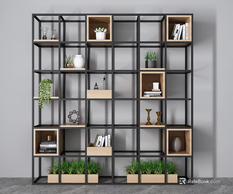 Modern Multi Tiered Grid Bookcase With Wooden Compartments And Decorative Items 3d model 