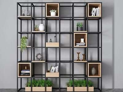 Modern Multi Tiered Grid Bookcase With Wooden Compartments And Decorative Items 3d model