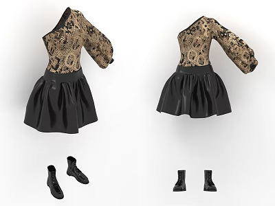Elegant Long Sleeve Floral Pattern Top And Black Pleated Leather Skirt With Matching Black Boots 3d model