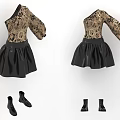 Elegant Long Sleeve Floral Pattern Top And Black Pleated Leather Skirt With Matching Black Boots