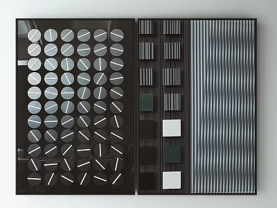 Abstract Geometric Patterns On Black Panels With Circular Square And Striped Elements 3d model