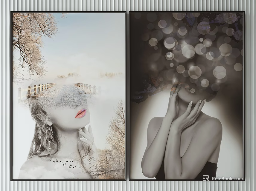 Modern Portrait Paintings With Nature Elements And Abstract Light Spots Wall Art 3d model 