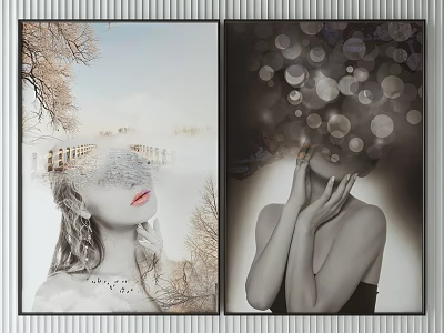 Modern Portrait Paintings With Nature Elements And Abstract Light Spots Wall Art 3d model