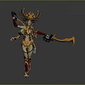 Woman in Ornate Red and Gold Armor with Horned Helmet and Decorative Weapon