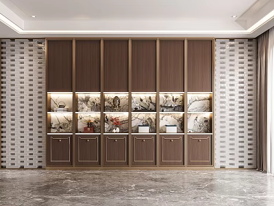 Elegant Wooden Display Cabinet With Glass Shelves And Decorative Items In Modern Interior 3d model