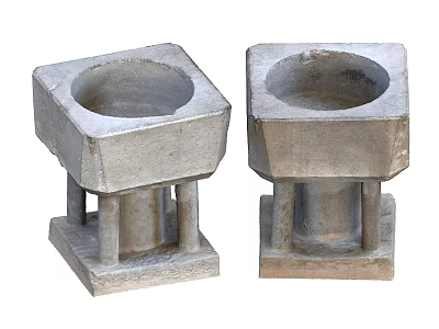 Two Square Gray Concrete Garden Decor Pieces With Pillar Base And Circular Bowl Top 3d model