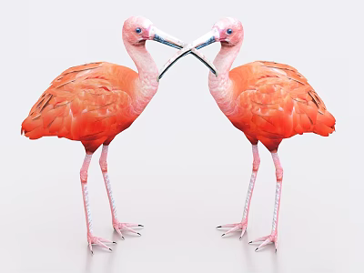 Two Pink Flying Birds Facing Each Other With Intertwined Beaks And Vibrant Feathers 3d model